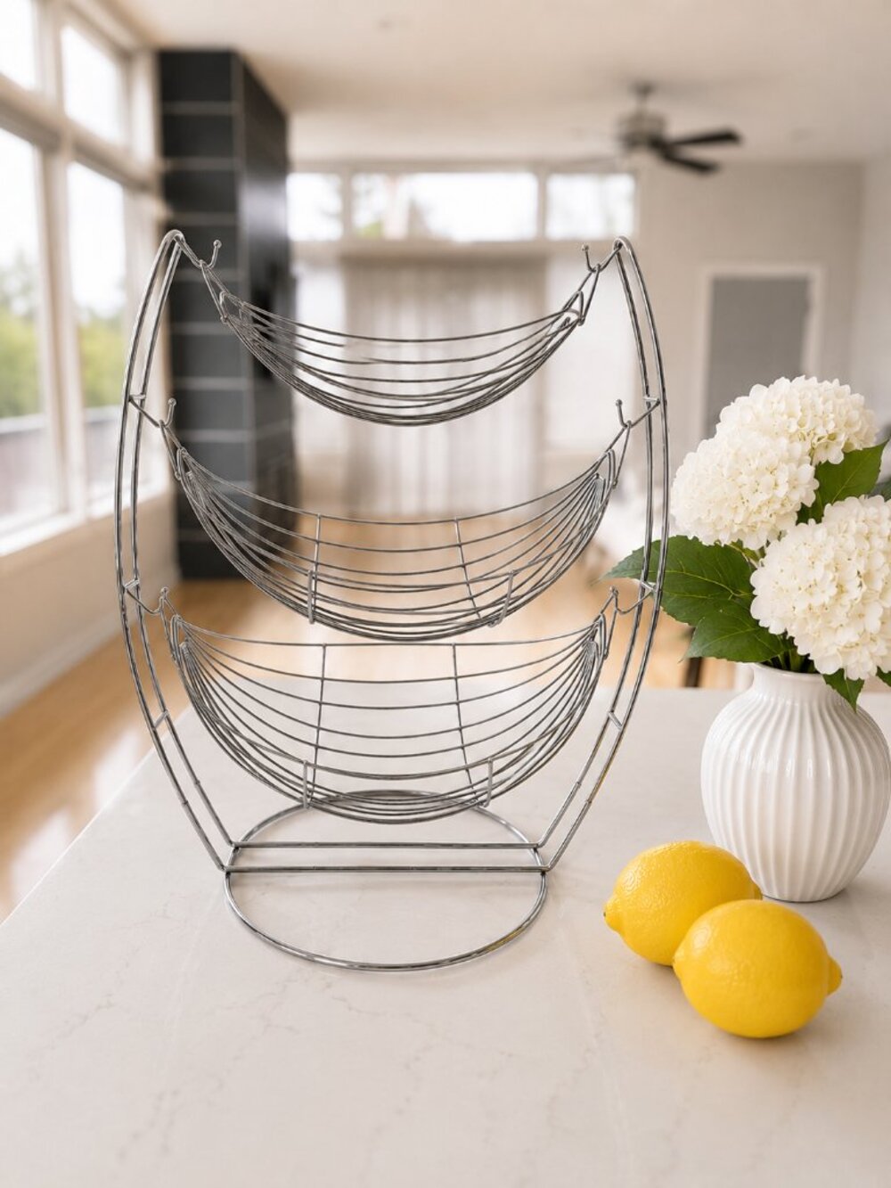 Prep & Savour 3 Tier Decorative Fruit Bowl Stand Silver Metal